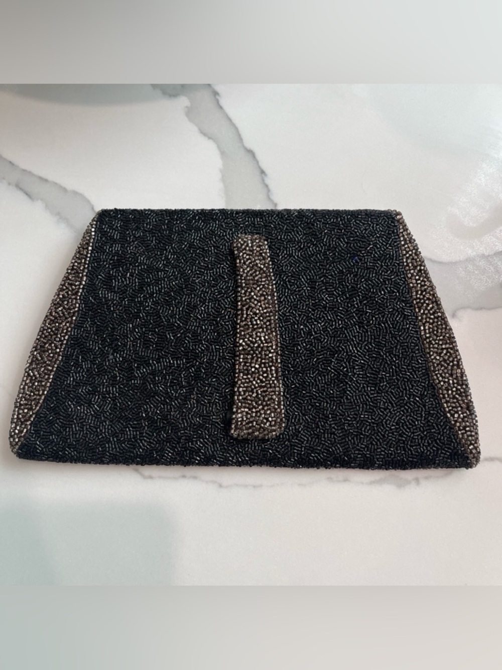 Black Beaded Evening Clutch Brass Color Accents Unique Made in France Chic - Picture 5 of 11